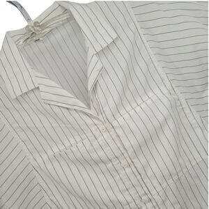 Vintage Striped Blouse White‎ Green Button Up Relaxed Plus Size Classic Preppy